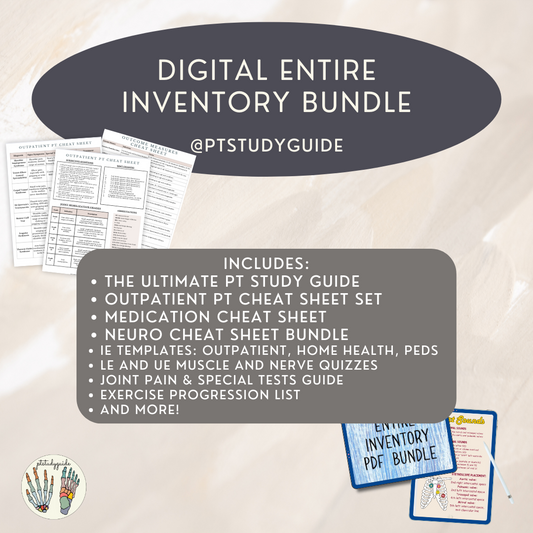 Promotional image for a Digital Entire Inventory Bundle, featuring text and graphic elements explaining the content and use of the product, which is related to physical therapy study guides.