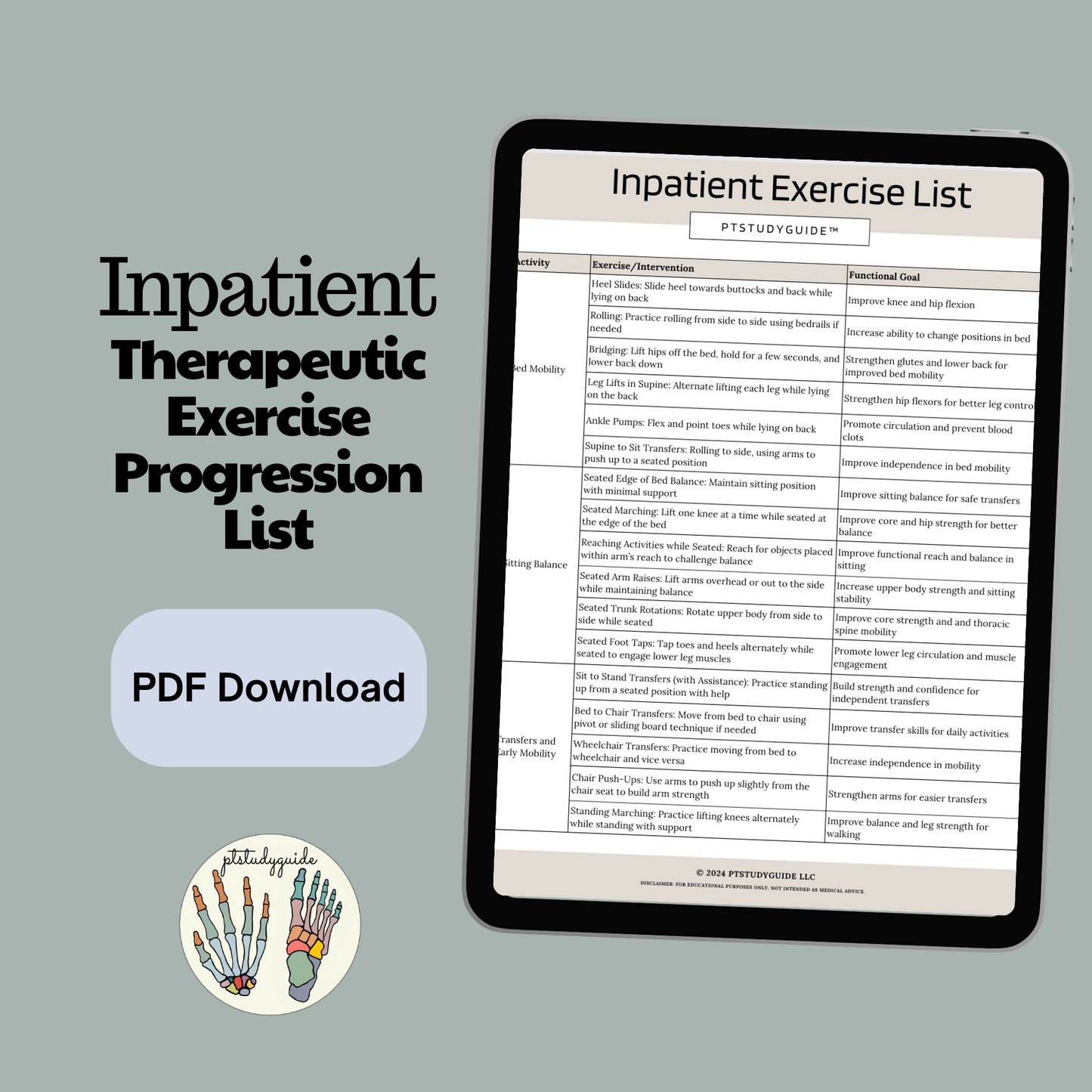Inpatient PT Exercise Progession List
