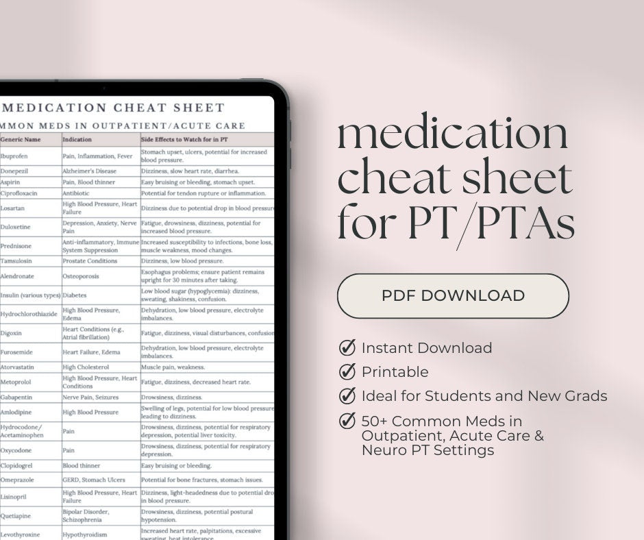 PT/PTA Medication Guide for Outpatient, Acute Care, & Neuro Rehab - (PDF Download)